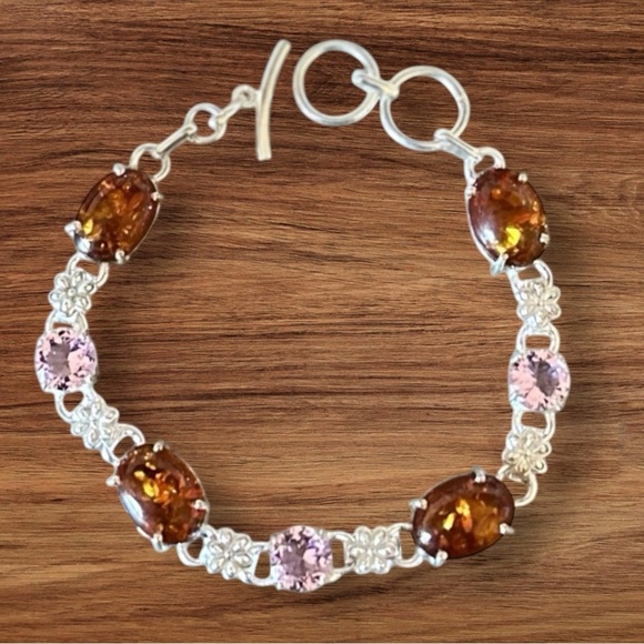 NWT Handmade Amber Pink Topaz Simulated Stone Silver Overlay Bracelet - Picture 1 of 4